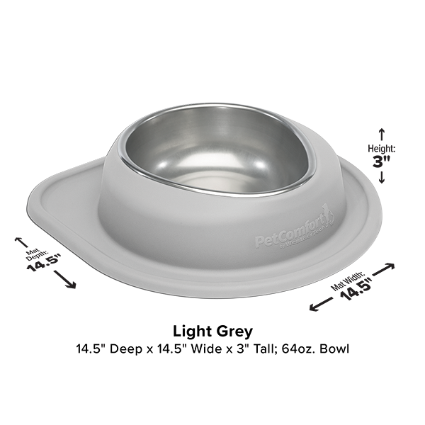 The WeatherTech Single Compact Pet Feeding System features a light grey, ergonomic design with a wide non-slip base, clear measurement labels, and a 64-ounce stainless steel bowl at the center. Made in America by WeatherTech.
