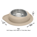 The WeatherTech Single Compact Pet Feeding System by Weathertech is a tan ergonomic dog bowl with a stainless steel insert, wide anti-tip base, raised sides, clear measurement markings, and holds 64 oz. Size: 14.5" x 14.5" x 3".