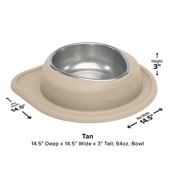 The WeatherTech Single Compact Pet Feeding System by Weathertech is a tan ergonomic dog bowl with a stainless steel insert, wide anti-tip base, raised sides, clear measurement markings, and holds 64 oz. Size: 14.5" x 14.5" x 3".