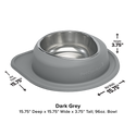 The WeatherTech Single Compact Pet Feeding System by Weathertech is a dark grey ergonomic dog bowl with a stainless steel insert, shown on a white background. Measures 15.75"x15.75"x3.75", holds 96 oz; arrows indicate measurements.