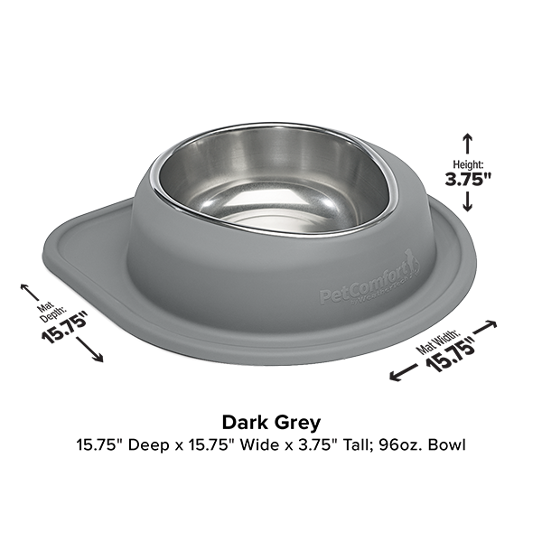 The WeatherTech Single Compact Pet Feeding System by Weathertech is a dark grey ergonomic dog bowl with a stainless steel insert, shown on a white background. Measures 15.75"x15.75"x3.75", holds 96 oz; arrows indicate measurements.