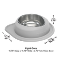 The WeatherTech Single Compact Pet Feeding System is a light grey ergonomic dog bowl with a stainless steel insert, wide spill-resistant base, and 96 oz capacity. Measures 15.75" x 15.75" x 3.75". Text and arrows highlight dimensions for easy feeding.