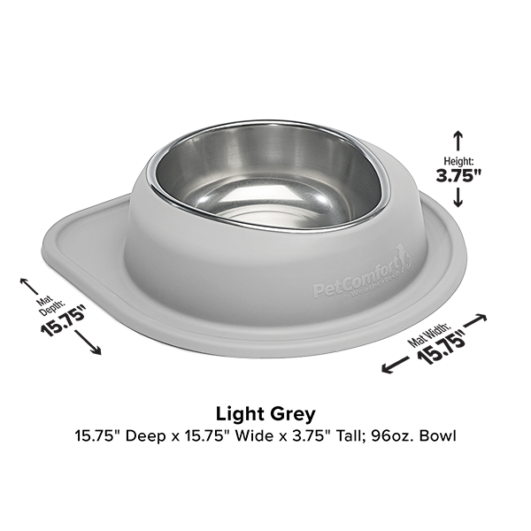 The WeatherTech Single Compact Pet Feeding System is a light grey ergonomic dog bowl with a stainless steel insert, wide spill-resistant base, and 96 oz capacity. Measures 15.75" x 15.75" x 3.75". Text and arrows highlight dimensions for easy feeding.