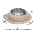 The WeatherTech Single Compact Pet Feeding System by Weathertech is a tan and silver ergonomic bowl designed for your pet’s comfort.