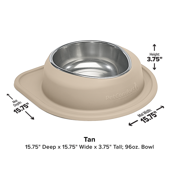 The WeatherTech Single Compact Pet Feeding System by Weathertech is a tan and silver ergonomic bowl designed for your pet’s comfort.