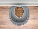 The WeatherTech Single Elevated Pet Feeding System by Weathertech, in gray, sits on a matching mat on a wooden floor against a white baseboard, filled with dry kibble.
