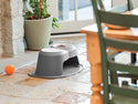 A WeatherTech Single Pet Feeding Bowl Plastic by Weathertech sits on a tiled floor near a green plant and table with chairs. An orange ball is nearby as sunlight streams in through a glass door.