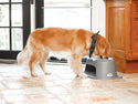 A golden retriever with a green collar stands on a tiled floor indoors, drinking from the WeatherTech Double Elevated Pet Feeding System by Weathertech, placed near a window and wooden cabinets.