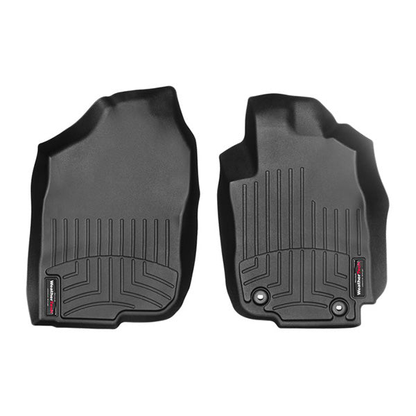 WeatherTech FloorLiner mats for Toyota RAV4 (2013-2018, 1st Row) feature raised edges and groove patterns for superior floor protection, shown side by side on a white background.