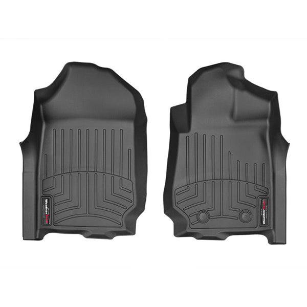 The Weathertech Floorliner for Mazda BT-50 (2012-2020) and Ford Ranger (2012-2022), 1st Row, features two black, contoured all-weather mats with raised edges and grooves for superior front seat floor protection.