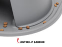 Gray WeatherTech Single Elevated Pet Feeding System by WeatherTech shown with scattered kibble at the edge. A red arrow and "OUTER LIP BARRIER" label highlight its ergonomic raised outer rim that helps prevent spills.