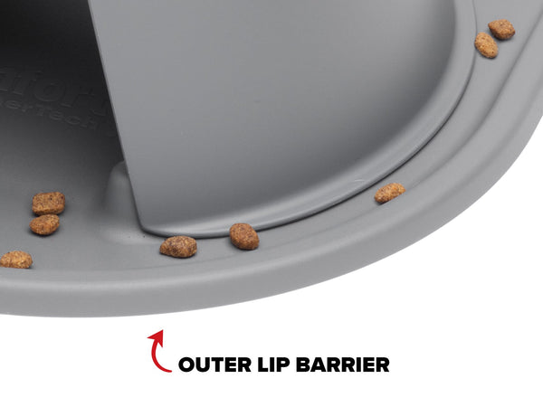 Gray WeatherTech Single Elevated Pet Feeding System by WeatherTech shown with scattered kibble at the edge. A red arrow and "OUTER LIP BARRIER" label highlight its ergonomic raised outer rim that helps prevent spills.