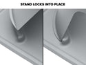 Close-up split image of the WeatherTech Single Elevated Pet Feeding System by Weathertech: left side unlocked, right side locked in place, with "Stand Locks Into Place" text above.