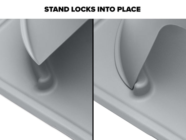 Close-up split image of the WeatherTech Single Elevated Pet Feeding System by Weathertech: left side unlocked, right side locked in place, with "Stand Locks Into Place" text above.