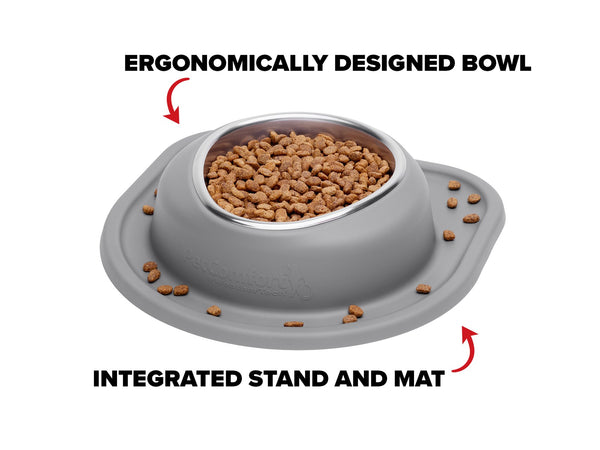 The WeatherTech Single Compact Pet Feeding System by Weathertech features a gray ergonomic bowl with an integrated stand and mat, filled with kibble. Text highlights the bowl and mat, while some kibble pieces are scattered on the compact mat.