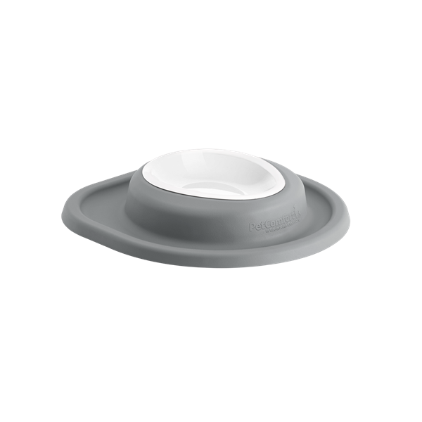 The WeatherTech Single Compact Pet Feeding System features a white ergonomic dog bowl in a gray, wide, non-slip silicone base to prevent spills and messes. This compact feeder by WeatherTech is shown on a plain light background.