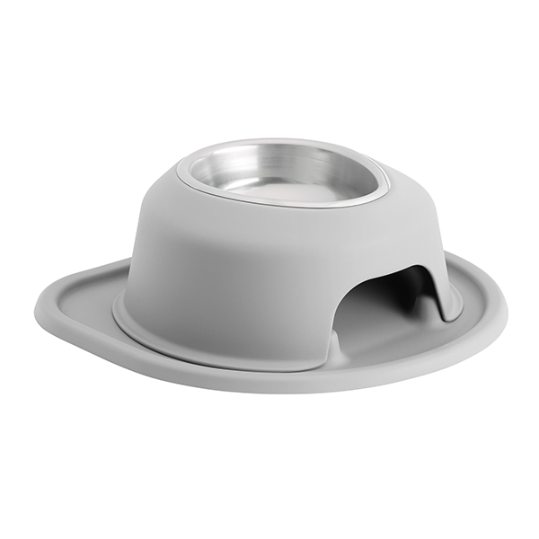 The WeatherTech Single Elevated Pet Feeding System by Weathertech features a gray ergonomic bowl with a stainless steel insert and an integrated silicone mat, designed to prevent spills and provide pets with easy, mess-free access to food.