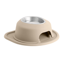 The WeatherTech Single Elevated Pet Feeding System by WeatherTech is a beige pet bowl with a built-in base, stainless steel insert, protective lip, and small base opening for an ergonomic, spill-proof feeding experience.