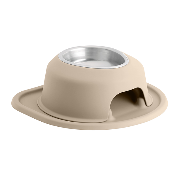 The WeatherTech Single Elevated Pet Feeding System by WeatherTech is a beige pet bowl with a built-in base, stainless steel insert, protective lip, and small base opening for an ergonomic, spill-proof feeding experience.