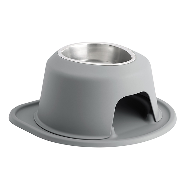 The WeatherTech Single Elevated Pet Feeding System by Weathertech features a gray ergonomic pet bowl with a stainless steel insert, elevated base with arch-shaped opening, and an integrated spill-resistant tray for practical, spill-proof feeding.
