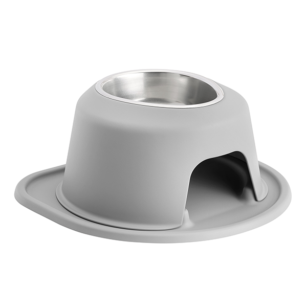 The WeatherTech Single Elevated Pet Feeding System by WeatherTech features a gray raised base, ergonomic stainless steel bowl, arched opening below, and an integrated mat for a clean, spill-proof pet feeding experience.
