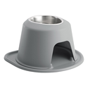 The WeatherTech Single Elevated Pet Feeding System by Weathertech is a gray feeder with an ergonomic stainless steel bowl on a spill-proof mat, plus two arch-shaped side openings for convenience.