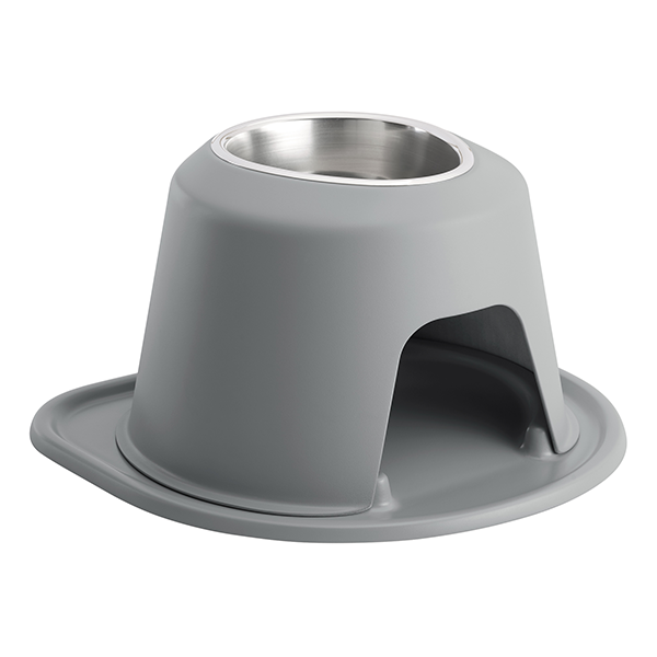 The WeatherTech Single Elevated Pet Feeding System by Weathertech is a gray feeder with an ergonomic stainless steel bowl on a spill-proof mat, plus two arch-shaped side openings for convenience.