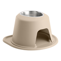 The WeatherTech Single Elevated Pet Feeding System by WeatherTech is a beige ergonomic pet bowl with a stainless steel insert and matching tray base, featuring an arched side opening for easy access and spill-proof, comfortable mealtimes.