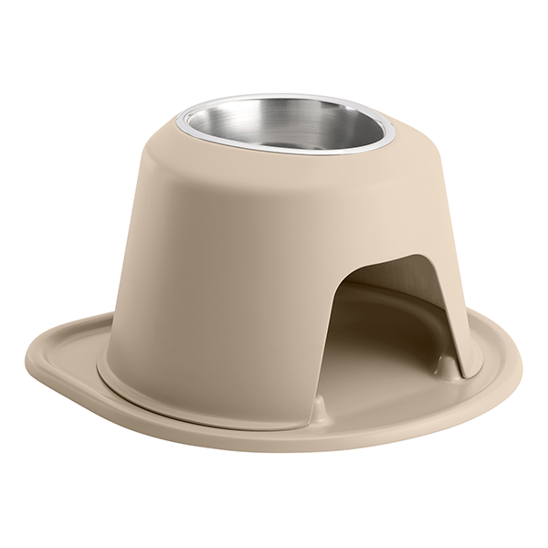 The WeatherTech Single Elevated Pet Feeding System by WeatherTech is a beige ergonomic pet bowl with a stainless steel insert and matching tray base, featuring an arched side opening for easy access and spill-proof, comfortable mealtimes.