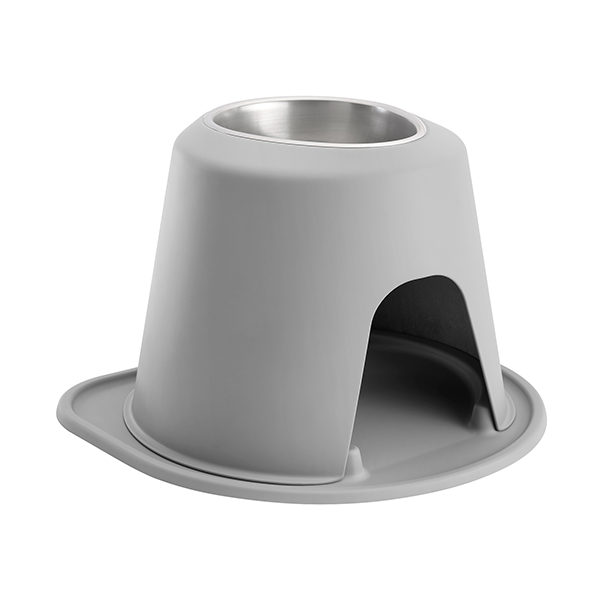 The WeatherTech Single Elevated Pet Feeding System by WeatherTech features a gray design with a stainless steel bowl, an arched base, and matching tray for a stylish, spill-proof feeding solution for your pet.