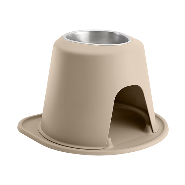 The WeatherTech Single Elevated Pet Feeding System by Weathertech features a beige stand with a stainless steel bowl and an arched opening below, set on a matching tray to catch spills for ergonomic, tidy pet mealtimes.