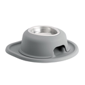 The WeatherTech Single Elevated Pet Feeding System by WeatherTech is a gray ergonomic bowl with a stainless steel insert, set in a raised plastic base with an extended curved rim and front opening for easy access and comfortable feeding.