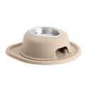 The WeatherTech Single Elevated Pet Feeding System by Weathertech is a beige, non-slip ergonomic pet bowl with a stainless steel insert, built-in mat, side opening for easy access, and helps keep mealtime tidy.