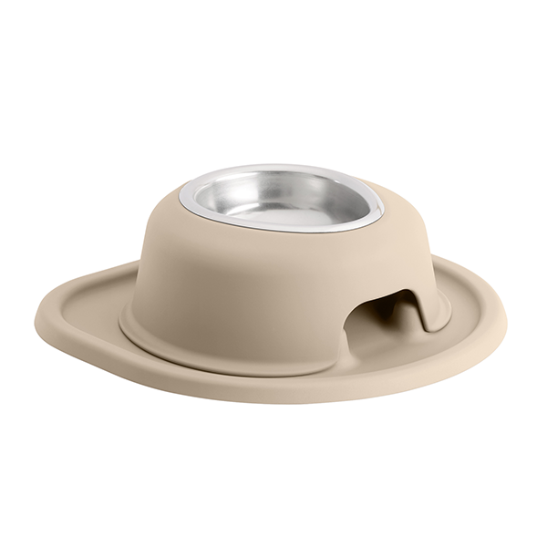 The WeatherTech Single Elevated Pet Feeding System by Weathertech is a beige, non-slip ergonomic pet bowl with a stainless steel insert, built-in mat, side opening for easy access, and helps keep mealtime tidy.