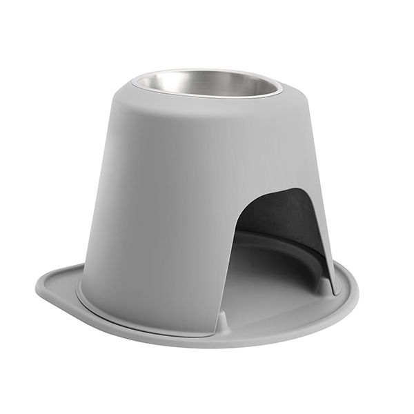 The WeatherTech Single Elevated Pet Feeding System by WeatherTech is a modern gray feeder with a stainless steel ergonomic bowl on top and a sheltered arched space below, all set on a matching tray.