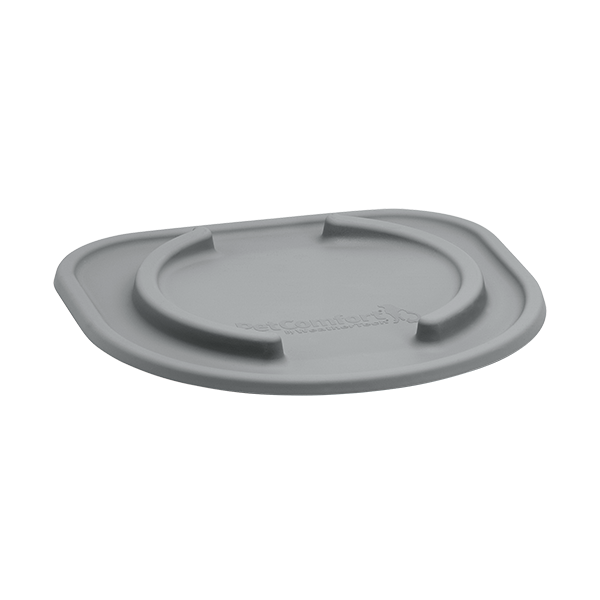 A gray, round silicone can cover with a raised edge and partial lip fits over cans and complements the WeatherTech Single Elevated Pet Feeding System by WeatherTech; shown on a plain white background.