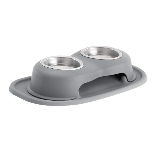 The WeatherTech Double Elevated Pet Feeding System features two stainless steel bowls in a raised silicone base, preventing spills and keeping bowls secure for an ergonomic feeding experience for your dog.