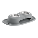 The WeatherTech Double Elevated Pet Feeding System by Weathertech features two stainless steel, spill-proof bowls in a raised molded silicone base that catches spills, shown on a white background.