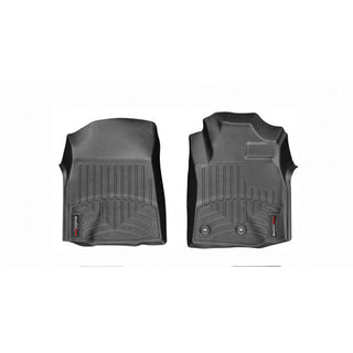 Weathertech Floorliner for Toyota Land Cruiser V8 J200 (2012-2019) 1st row: two black, textured mats with raised edges. Driver mat has ridges and logo; passenger mat features contours and dual anchors for better protection.