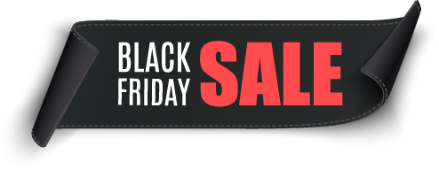 A black curled banner with the words Black Friday Sale in bold white and red letters, promoting a special shopping event or discount.