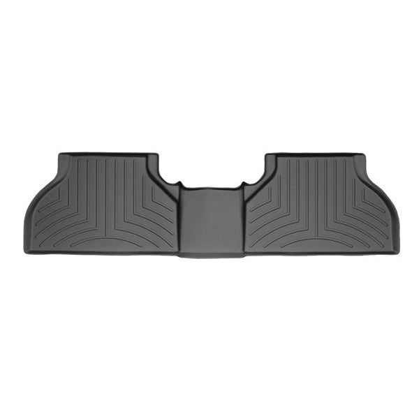 The WeatherTech Floorliner for BMW X5/X6 (E70/E71) 2007-2014, 2nd Row, is a black rubber car mat with raised edges and grooves, designed to fit the rear floor and protect your carpet from dirt and spills.
