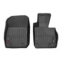 The WeatherTech FloorLiner for Mazda CX-3 (2015-2021) features two contoured black mats with grooves, branded labels, and all-weather protection for driver and passenger front sides to safeguard your interior carpet.
