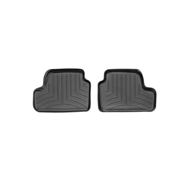 Two black, rectangular Weathertech Floorliner mats for the BMW 3 Series Cabrio (E93) 2007-2014, designed for the 2nd row, feature raised edges and grooved patterns to protect your interior carpet.
