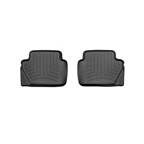 Weathertech Floorliner for Ford Fiesta 6th Gen (2008-2017), 2nd Row: Two black, rectangular mats with raised edges and grooves, shown side by side on a white background, provide top carpet protection.