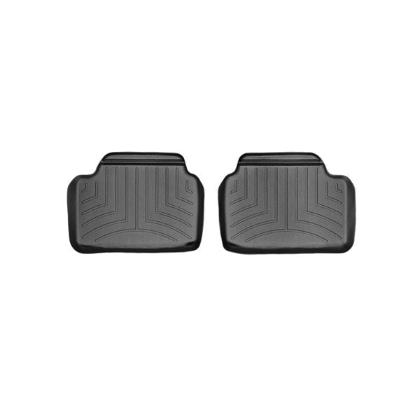 Two black Weathertech Floorliner mats for BMW 1 Series Hatch (F20/F21, 2012-2019) 1st row feature raised edges and grooves for superior carpet protection, shown side by side on a white background.