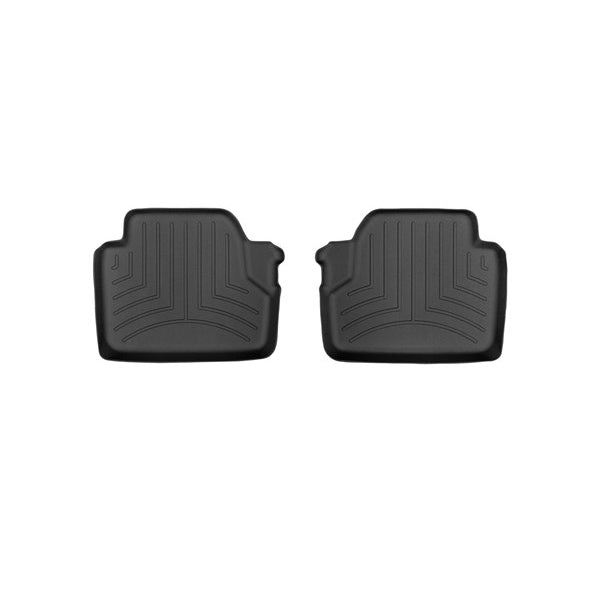 Two black WeatherTech FloorLiner mats for BMW 4 Series Coupe xDrive (2014-2020, 2nd Row) feature raised edges and a grooved pattern for superior floor protection, shown side by side on a white background.
