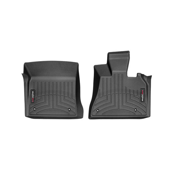 The WeatherTech Floorliner for BMW X5/X6 (E70/E71, 2007-2010) features two black contoured rubber mats with raised edges and grooves, offering durable 1st row interior protection; shown side by side on a white background.