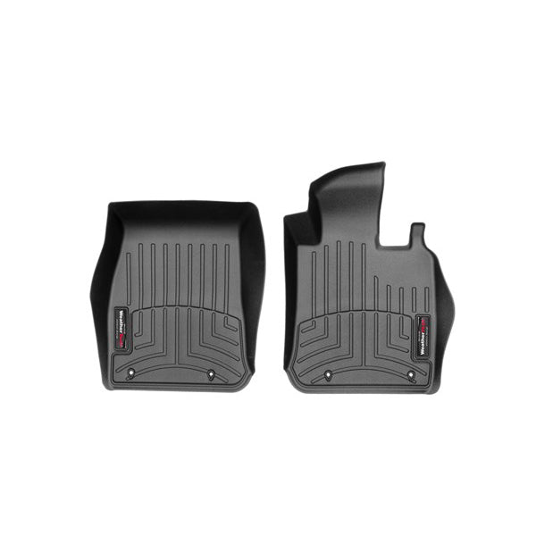 Two black, custom-fit WeatherTech FloorLiner mats for BMW 1 Series Hatch (F20/F21) 2012-2019, 1st row—raised edges and grooves provide superior floor protection and safeguard your cars interior carpet.