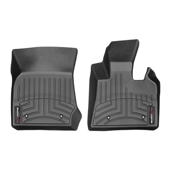 Two custom-fit black WeatherTech Floorliners for BMW X3 (2014-2017) and X4 (2010-2018), 1st row, feature raised edges and grooves to trap dirt and water, protecting your carpet. Displayed side by side on a white background.