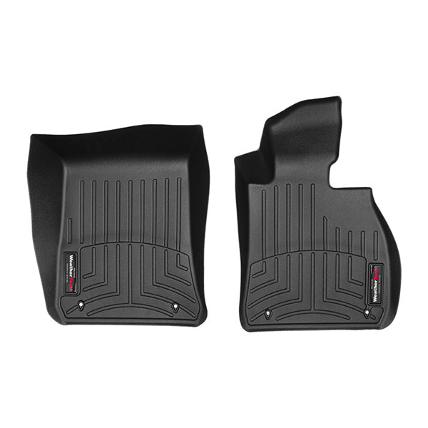WeatherTech Floorliner mats for BMW 3 Series Sedan (E90/E91/E92/E93, 2005-2014) protect your interior carpet with black, contoured 1st row mats featuring raised edges, textured grooves, and a small branded label in the corner.